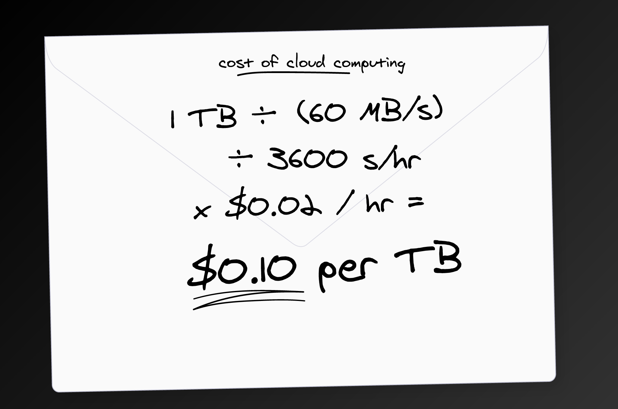 Back-of-the-envelope calculation for a simple workload bound primarily by network bandwidth. Calculation is 1 TB / (60 MB/s) / 3600 s/hr * $0.02 / hr = $0.10