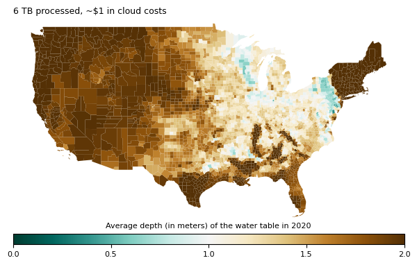 County-level heat map of the continental US showing mean depth to soil saturation (in meters) in 2020.